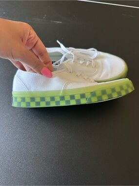 Vans White Canvas Sneakers with Neon Green Checker Sole